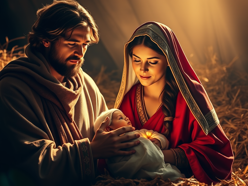 Jesus was born in Bethlehem to save the world. Joseph, Mary and baby Jesus.
