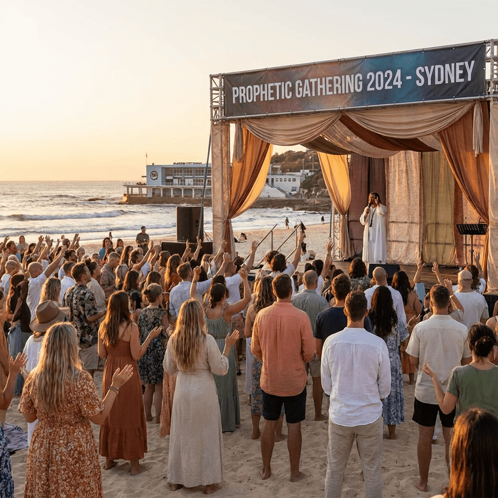 People gather on a beach for Prophetic Gathering 2024 - Sydney facing a speaker.