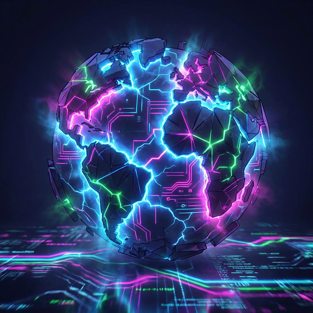 Fragmented digital globe glowing with neon circuit patterns and vibrant energy lines.