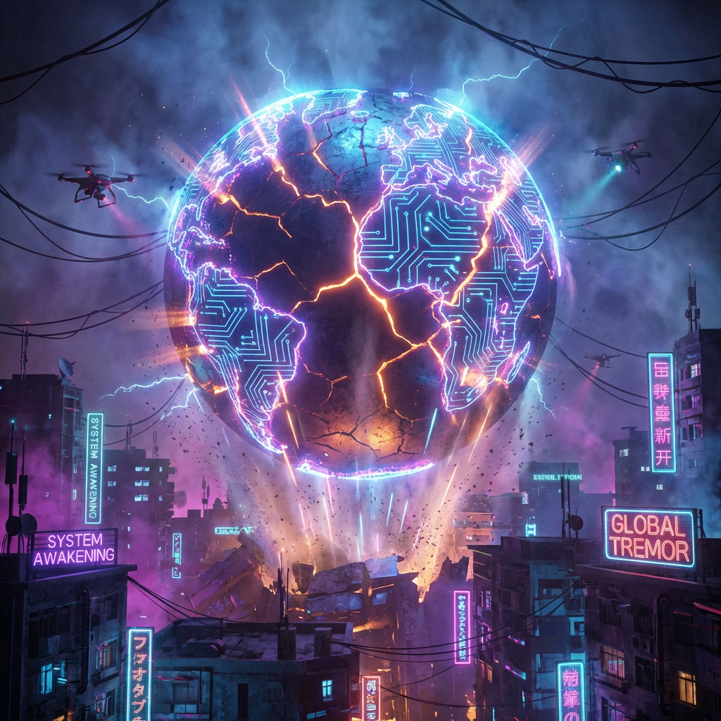 Cracked digital globe above cyberpunk city with 'System Awakening' and 'Global Tremor' neon signs.