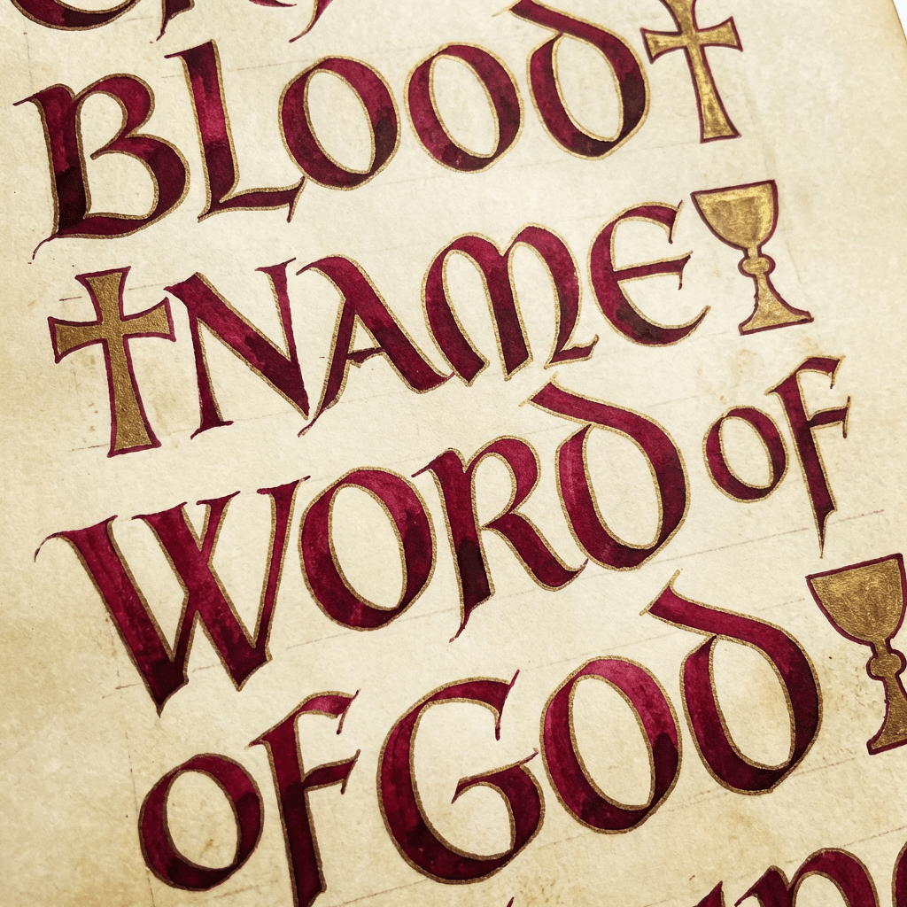 Calligraphy on parchment reading BLOOD, IN NAME, WORD OF, and OF GOD with gold accents.