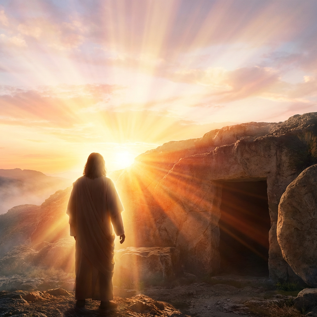 Jesus Christ standing outside an empty tomb with radiant light emanating from the horizon.