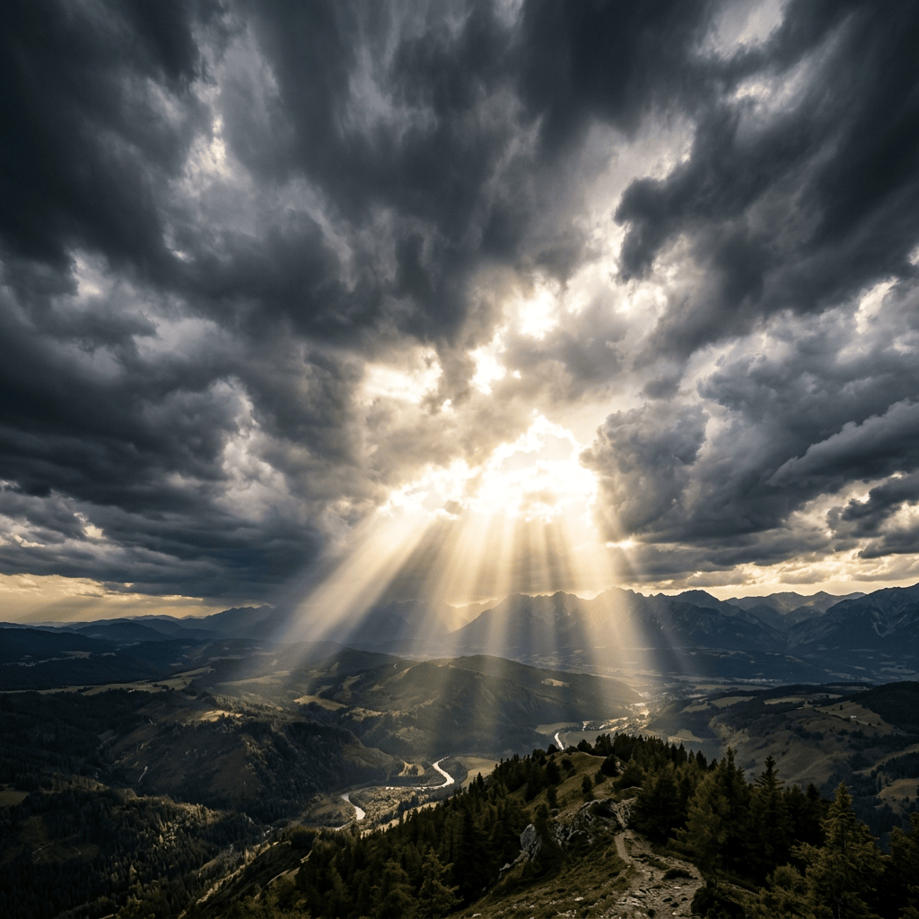 Sunlight beams piercing dark storm clouds above mountainous terrain with winding river
