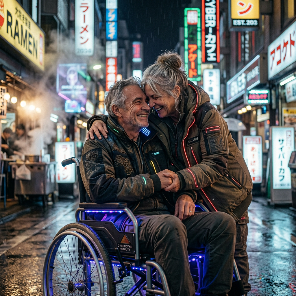 An elderly couple sharing a happy moment in a wheelchair on a rainy city street with neon signs