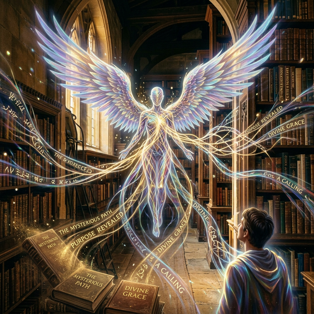 Glowing angelic figure with wings presenting radiant mystical words to young man in library
