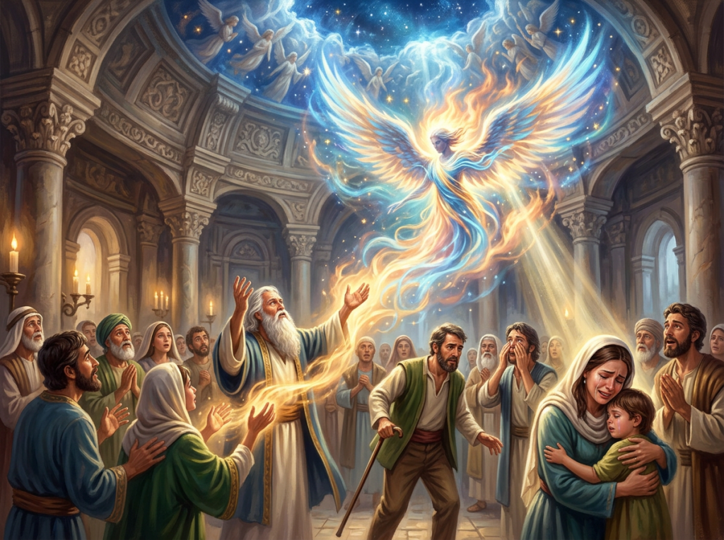Radiant winged spirit appearing above worshippers in a candlelit sanctuary