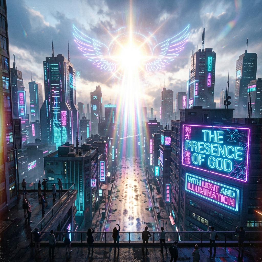 Radiant winged symbol above neon city; sign reads “THE PRESENCE OF GOD WITH LIGHT AND ILLUMINATION.”