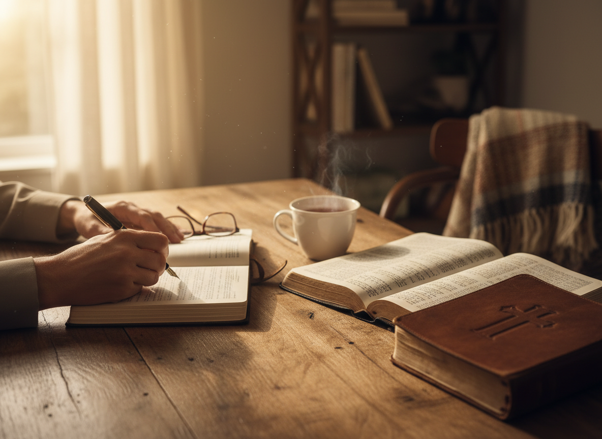 Warm intimate scene of hands writing in a journal beside an open Bible on a wooden desk, soft golden window light, cream and warm brown tones, peaceful contemplative mood, faith-based ministry aesthetic