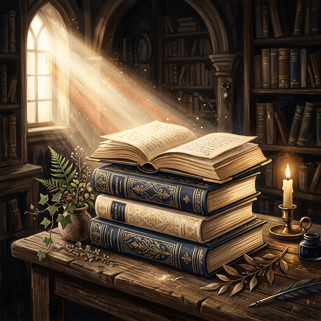 Open manuscript atop ornate books in a candlelit library