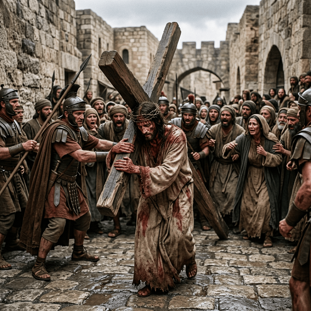 Jesus carrying a wooden cross through an ancient stone city surrounded by soldiers and mourners